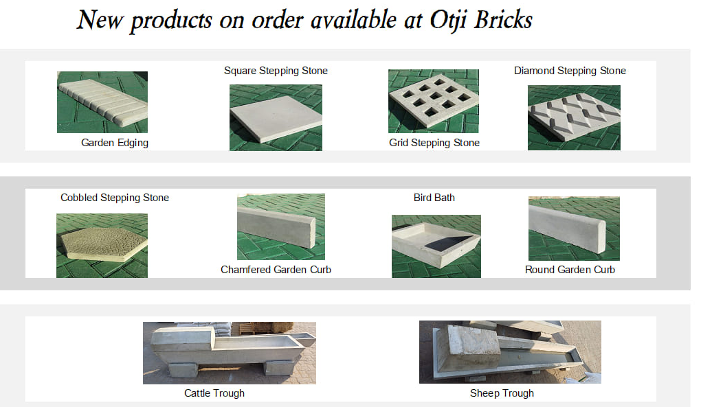 Otji Bricks new product range: garden edging, stepping stones, garden curbs, bird bath, cattle and sheep troughs